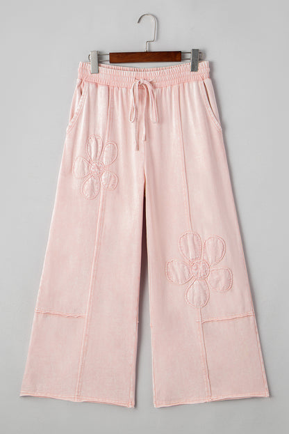 Pink Flower Patch Mineral Washed Cropped Wide Leg Pants - HieuLuxe