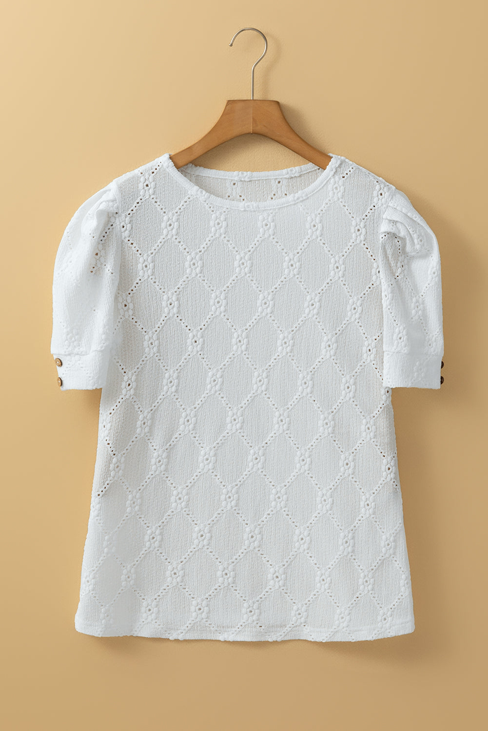 White Embroidered Floral Geometric Button Short Sleeve Top - HieuLuxe