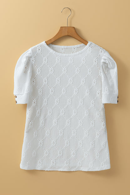 White Embroidered Floral Geometric Button Short Sleeve Top - HieuLuxe