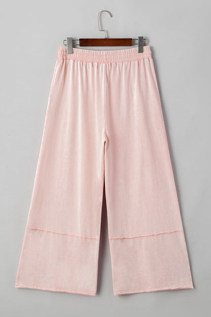Pink Flower Patch Mineral Washed Cropped Wide Leg Pants - HieuLuxe