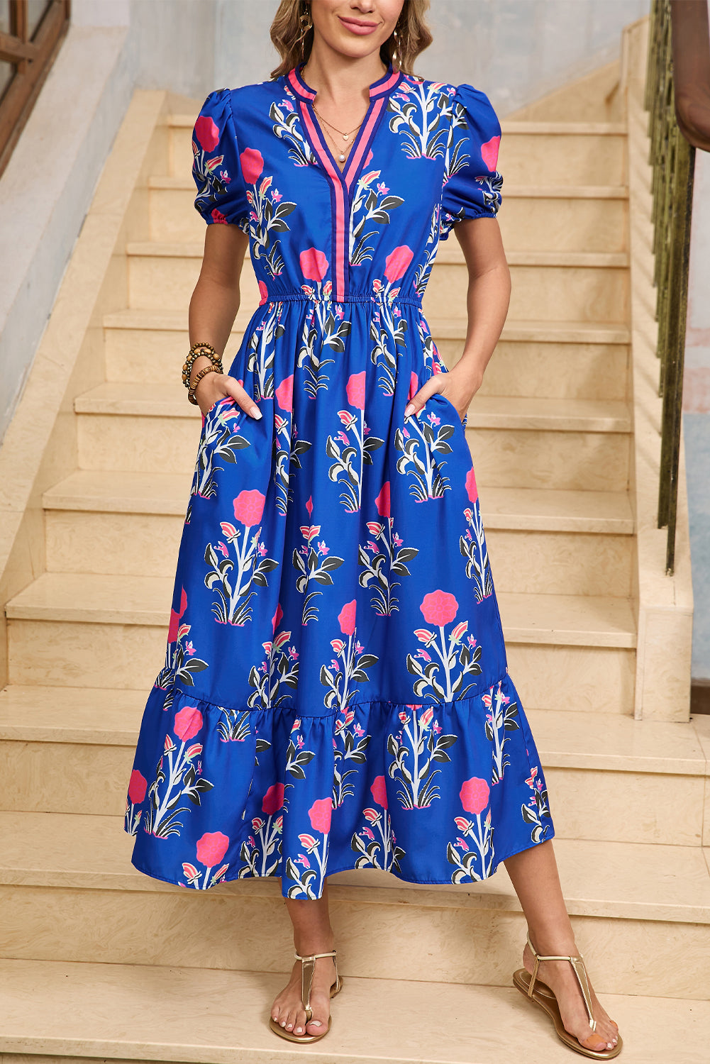 Sky Blue Floral Ruffle Hem Pop of Color Neckline Dress - HieuLuxe