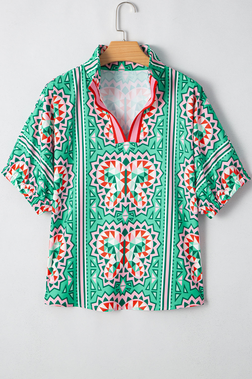 Sea Green Boho Geometric Print Pop of Color Neckline Blouse - HieuLuxe