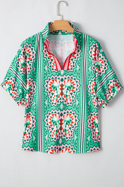 Sea Green Boho Geometric Print Pop of Color Neckline Blouse - HieuLuxe