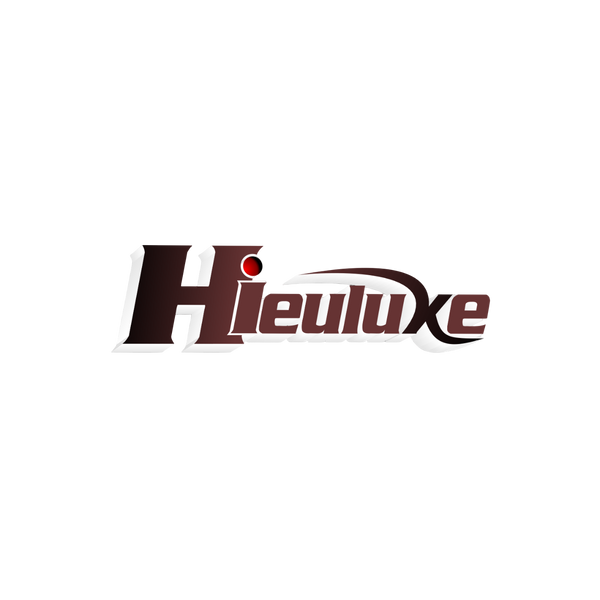 "HIUELUXE logo in bold, stylized font with a deep burgundy and white color scheme, featuring a large capital 'H' with a red dot above the 'i' and a dynamic swoosh crossing through the 'luxe' part of the word"