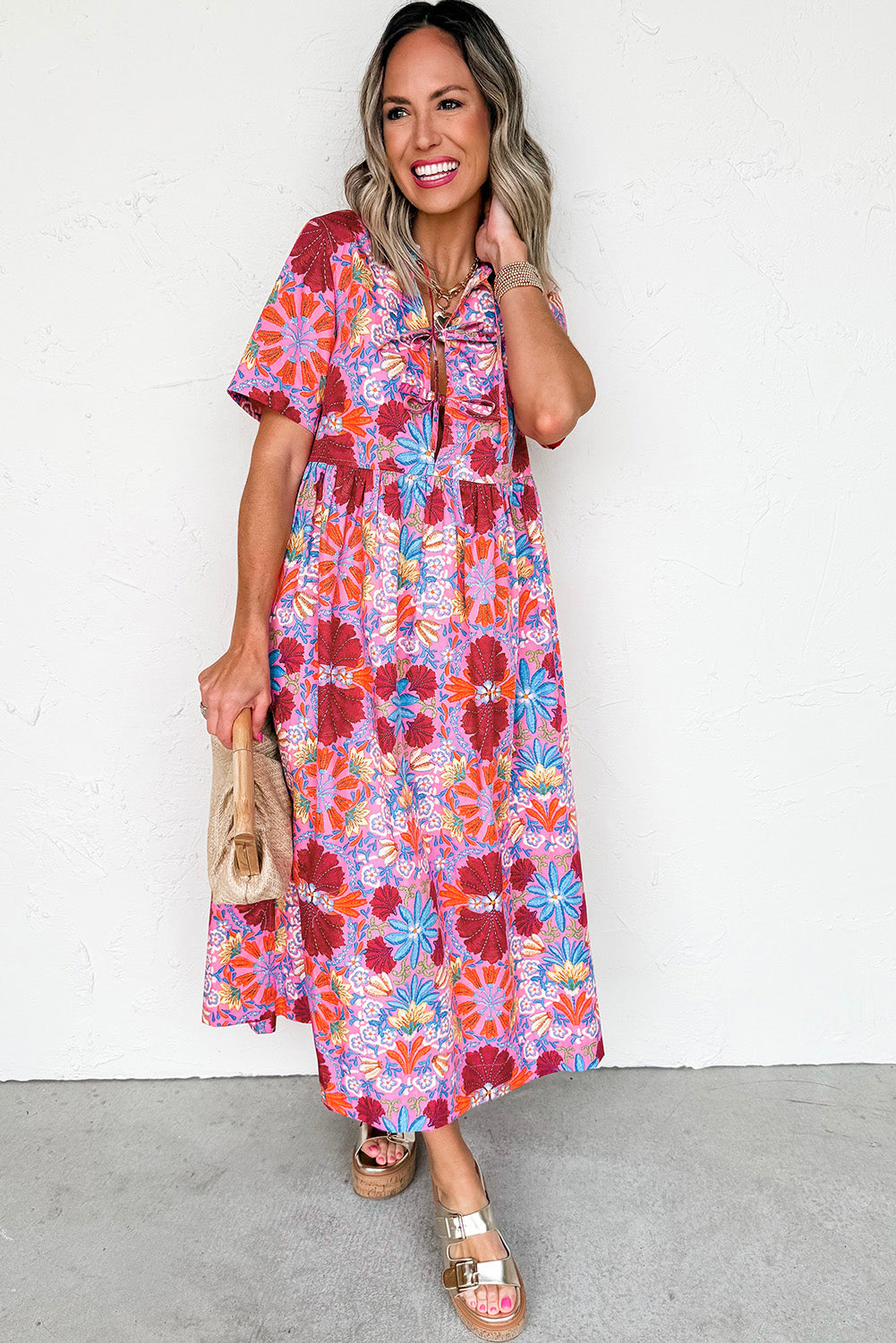Rose Floral Print Tie Front High Waist Loose Midi Dress - HieuLuxe