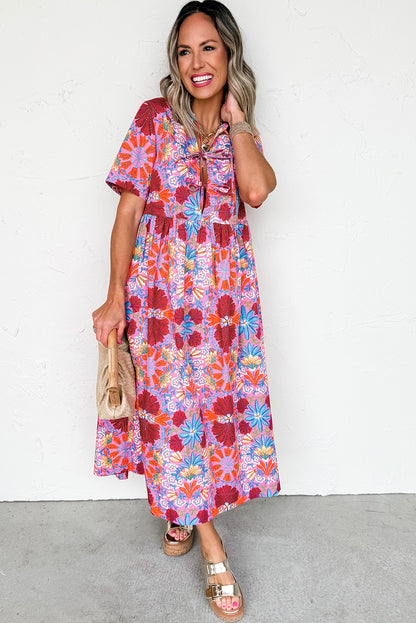 Rose Floral Print Tie Front High Waist Loose Midi Dress - HieuLuxe