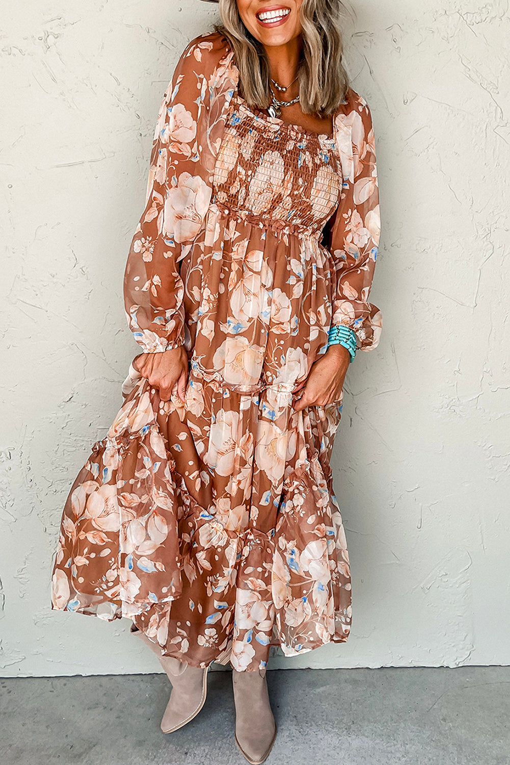 Brown Floral Print Shirred Square Neck High Waist Maxi Dress - HieuLuxe