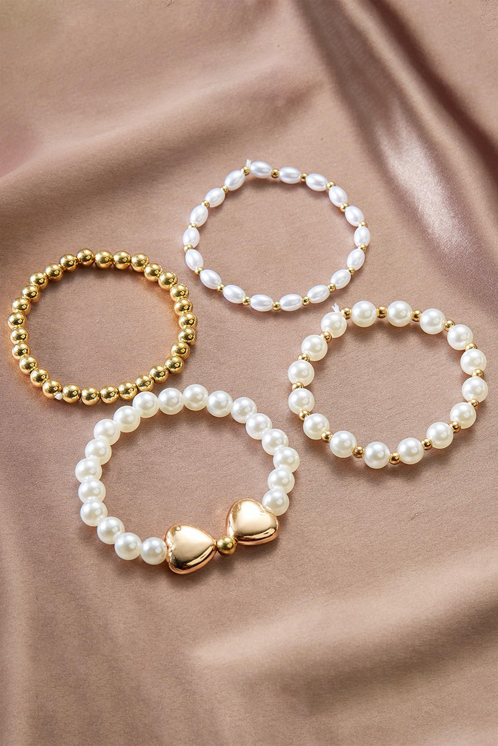 Gold Pearl Stackable Heart Beaded Bracelet Set - HieuLuxe