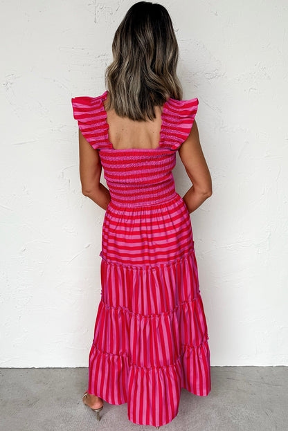 Rose Stripe Ruffle Strap Shirred Bodice Tiered Maxi Dress - HieuLuxe