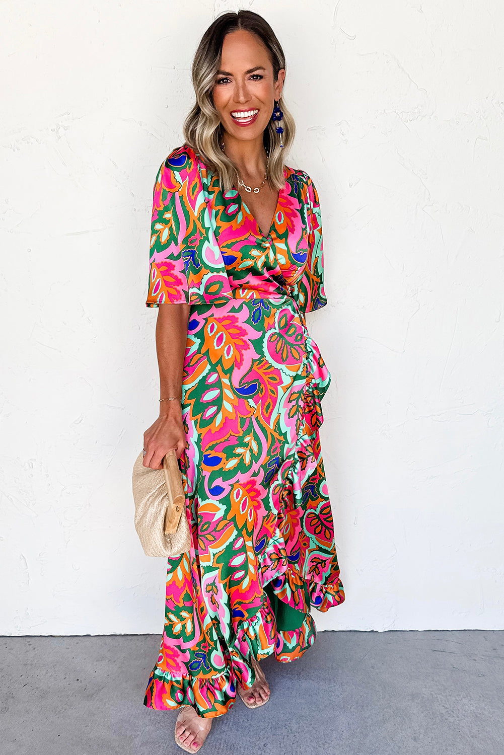 Rose Tropical Plant Print Surplice V Neck Ruffle Hem Maxi Dress - HieuLuxe