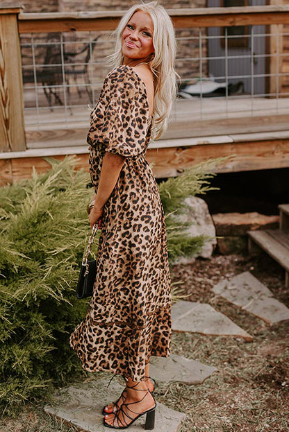 Brown Leopard Print Puff Sleeve Ricrac Maxi Dress - HieuLuxe