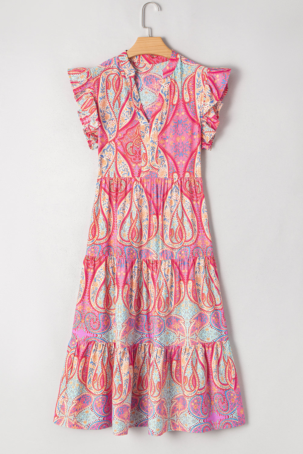Rose Ethnic Paisley Print Ruffle Sleeve Notch Neck Midi Dress - HieuLuxe