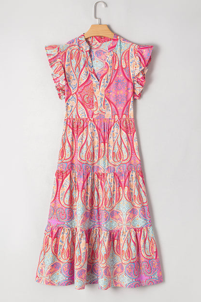 Rose Ethnic Paisley Print Ruffle Sleeve Notch Neck Midi Dress - HieuLuxe