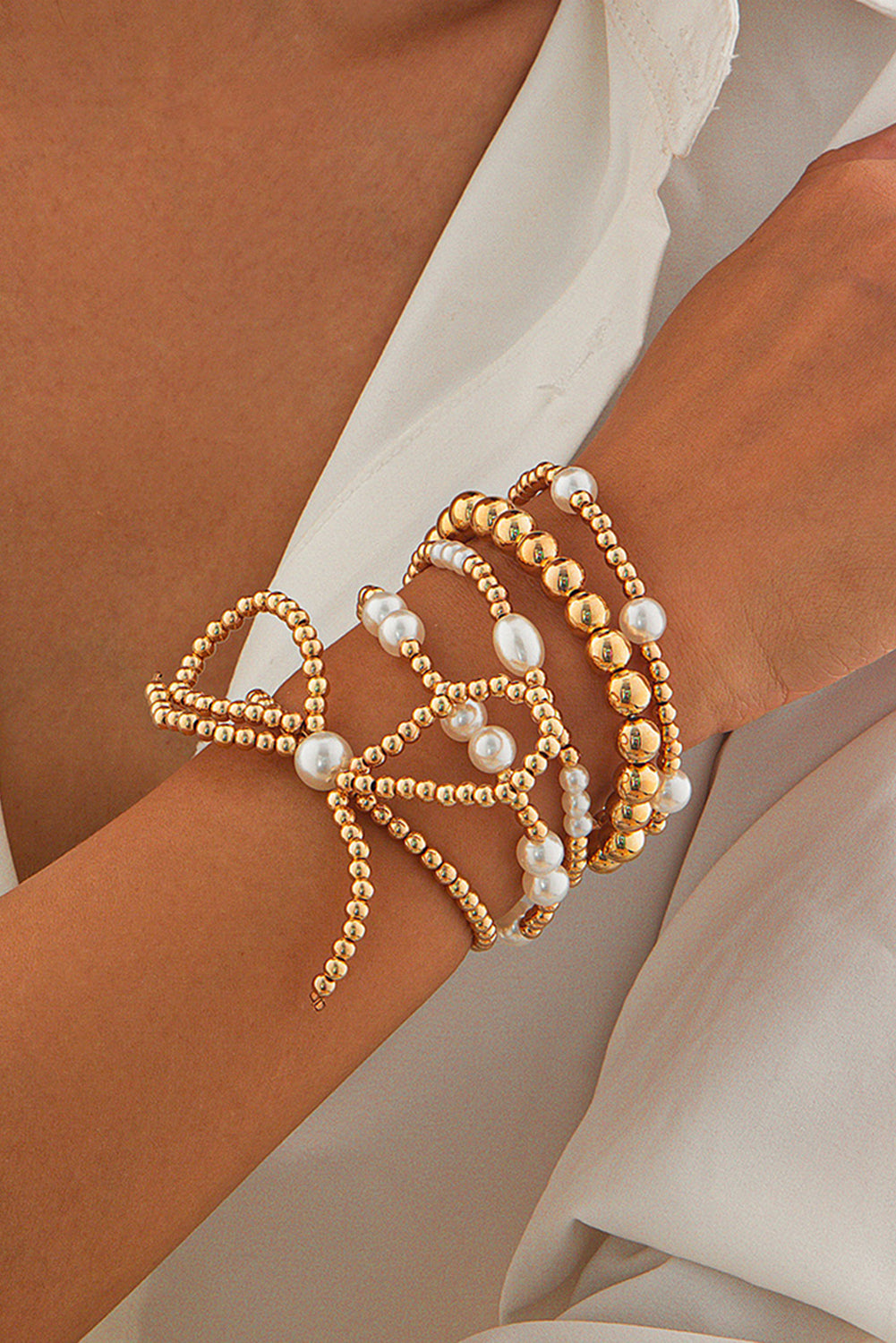 Gold Bow Knot Pearl Beaded Multi Layered Bracelet Set - HieuLuxe