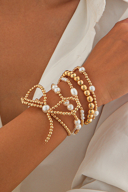 Gold Bow Knot Pearl Beaded Multi Layered Bracelet Set - HieuLuxe