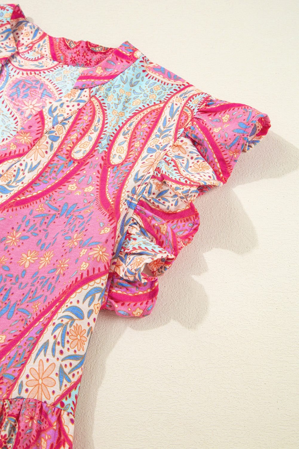 Rose Ethnic Paisley Print Ruffle Sleeve Notch Neck Midi Dress - HieuLuxe