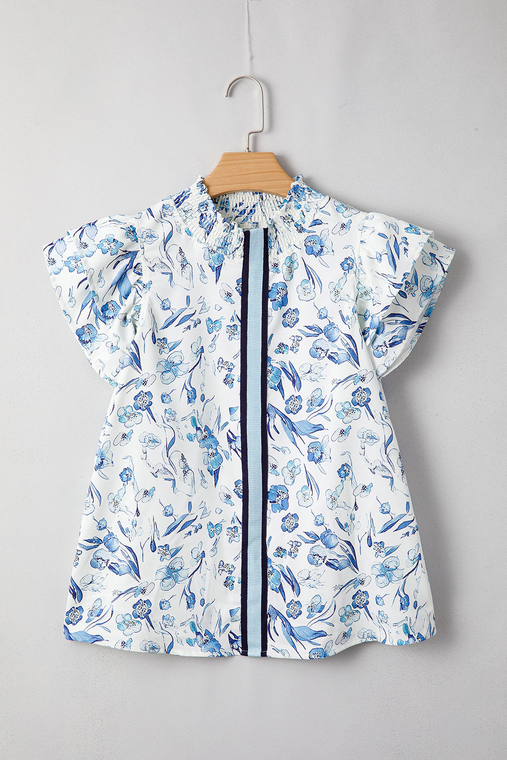 Sky Blue Ruffle Short Sleeve Floral Print Pop of Color Neckline Blouse - HieuLuxe