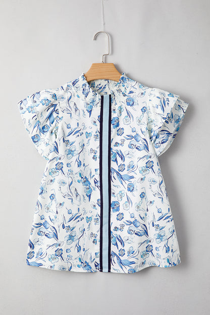 Sky Blue Ruffle Short Sleeve Floral Print Pop of Color Neckline Blouse - HieuLuxe