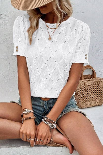 White Embroidered Floral Geometric Button Short Sleeve Top - HieuLuxe
