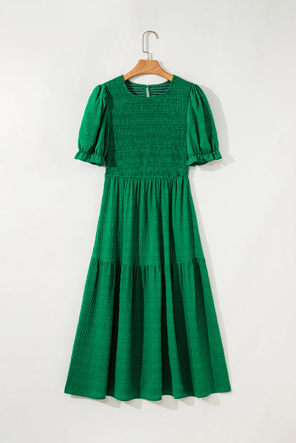 Dark Green Solid Textured Shirred High Waist Midi Dress - HieuLuxe