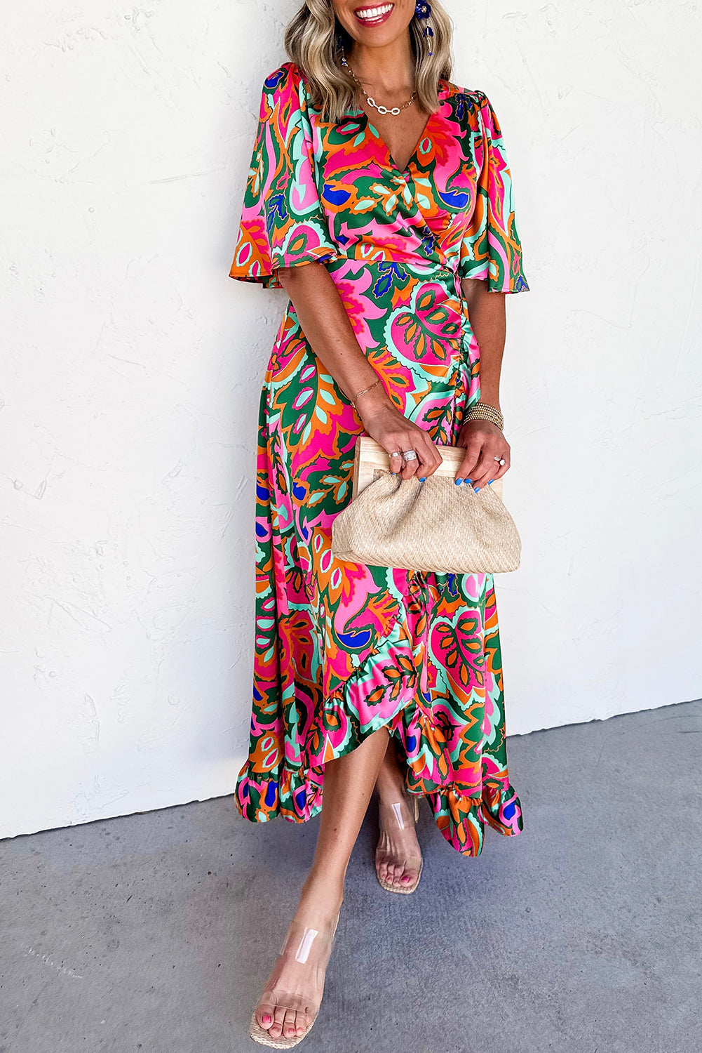 Rose Tropical Plant Print Surplice V Neck Ruffle Hem Maxi Dress - HieuLuxe