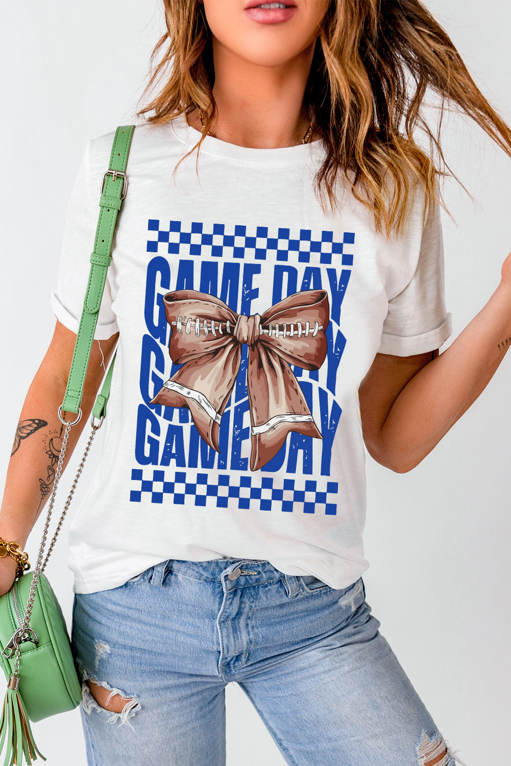 White Football Bow Game Day Crewneck T Shirt - HieuLuxe