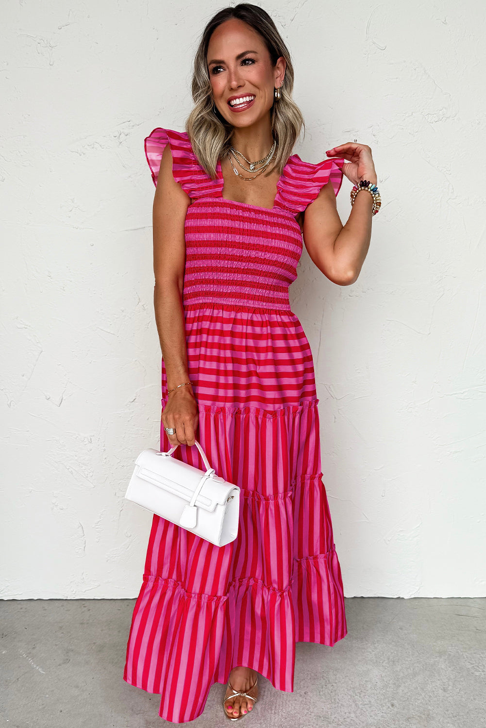 Rose Stripe Ruffle Strap Shirred Bodice Tiered Maxi Dress - HieuLuxe