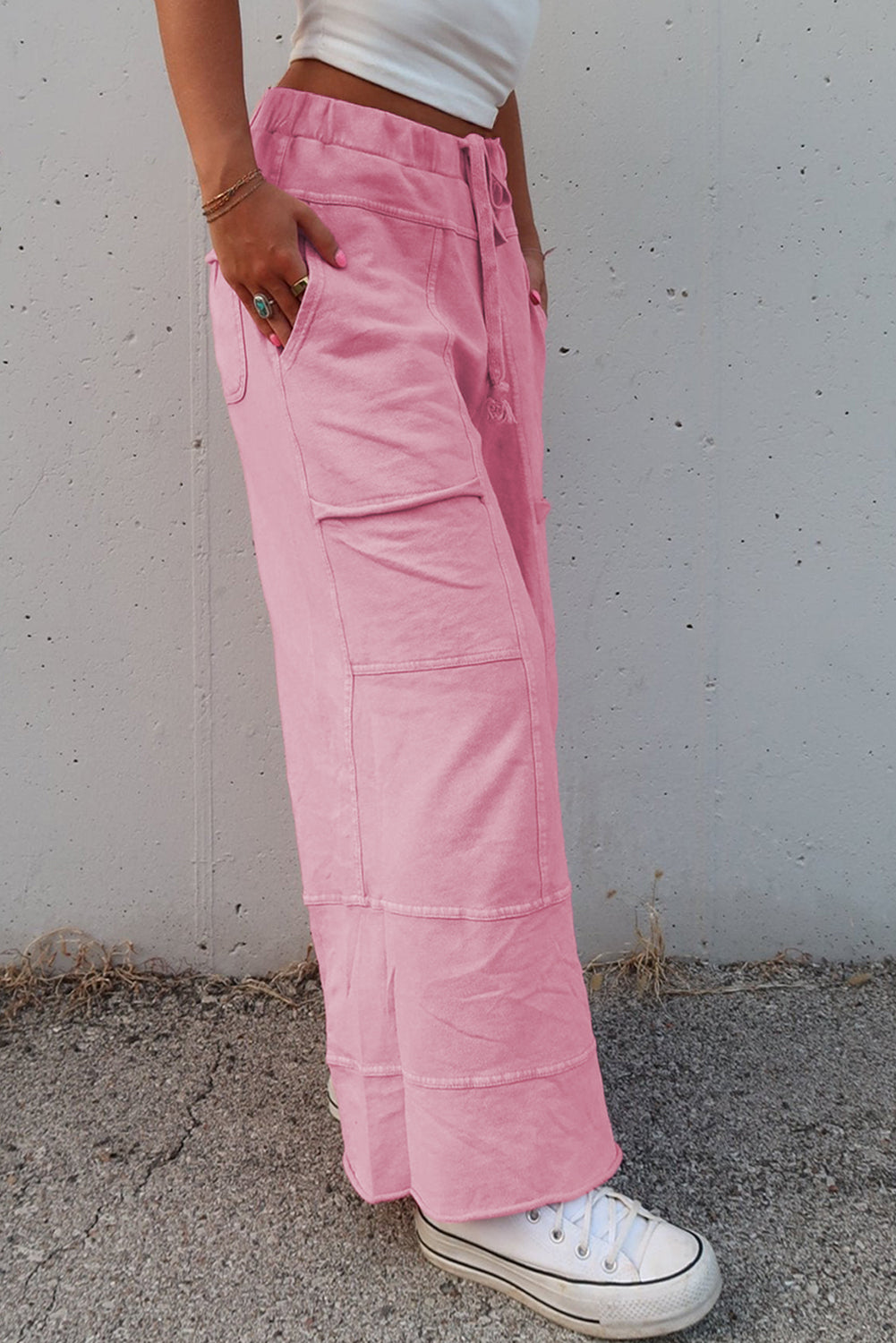 Bonbon Mineral Wash Exposed Seam Wide Leg Cargo Pants - HieuLuxe