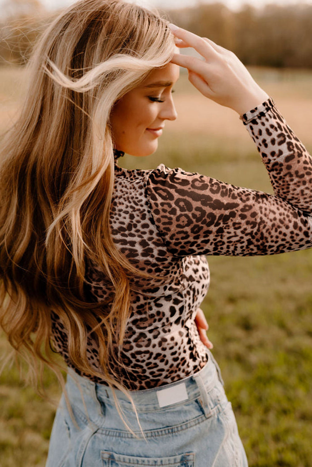 Brown Allover Leopard Print Smocked Neck Mesh Bodysuit - HieuLuxe