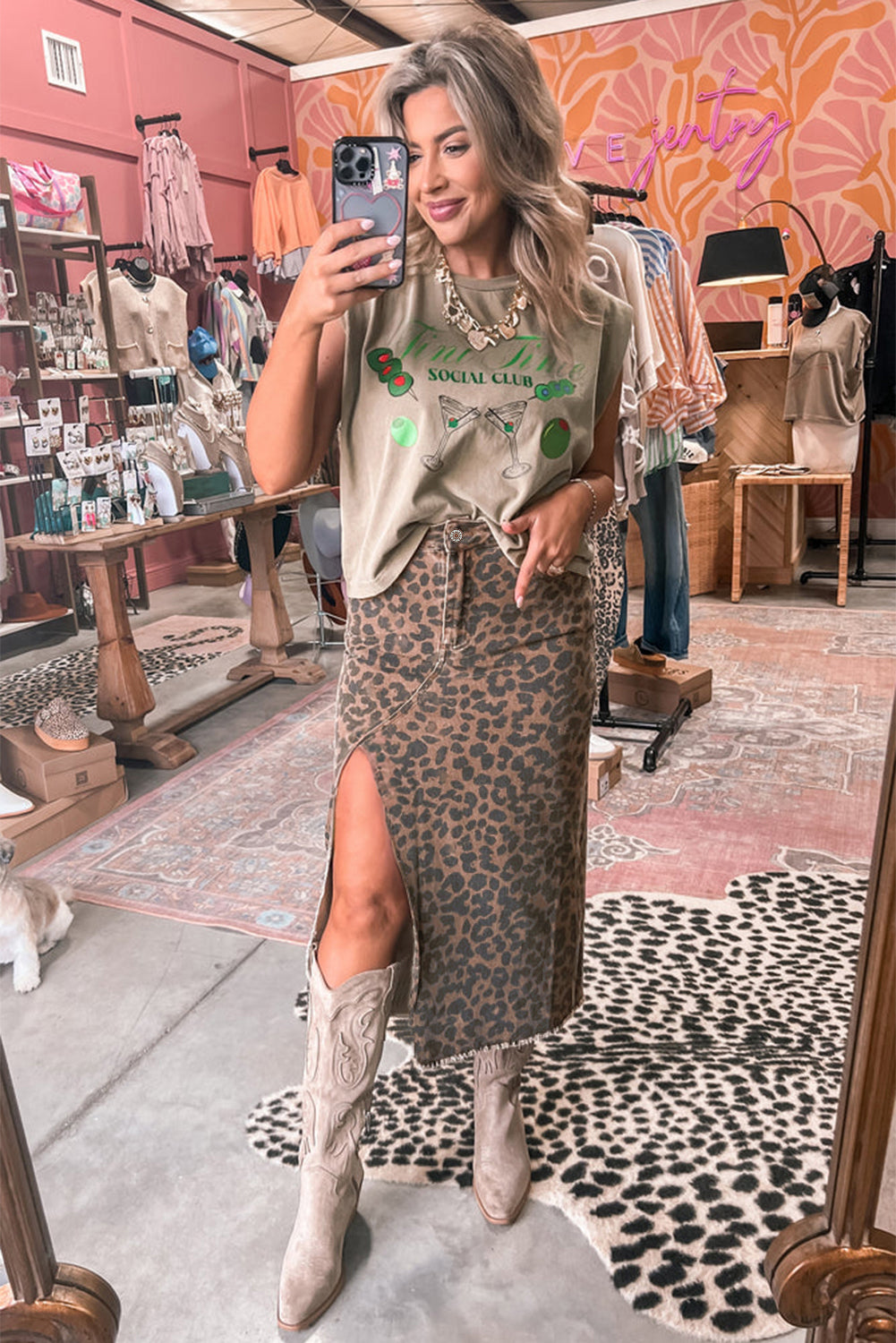 Brown Leopard Frayed Split Denim Midi Skirt - HieuLuxe