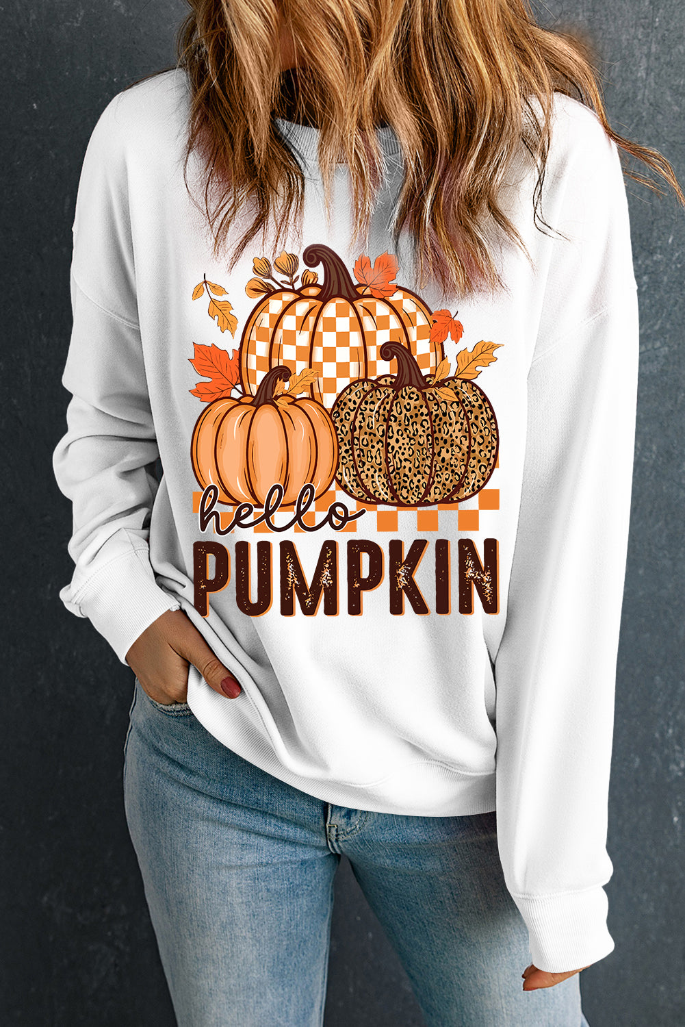 White Hello Pumpkin Thanksgiving Graphic Sweatshirt - HieuLuxe