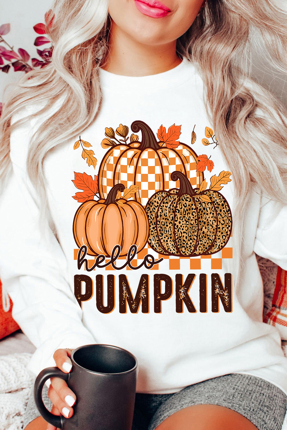 White Hello Pumpkin Thanksgiving Graphic Sweatshirt - HieuLuxe