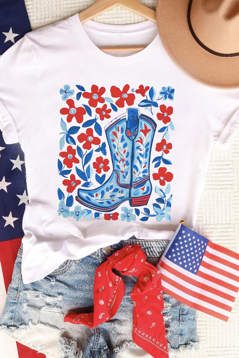 White Floral Western Boots Printed Cotton Blend T Shirt - HieuLuxe