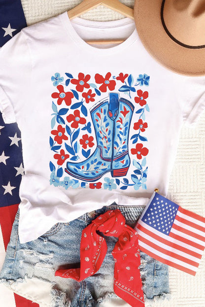 White Floral Western Boots Printed Cotton Blend T Shirt - HieuLuxe