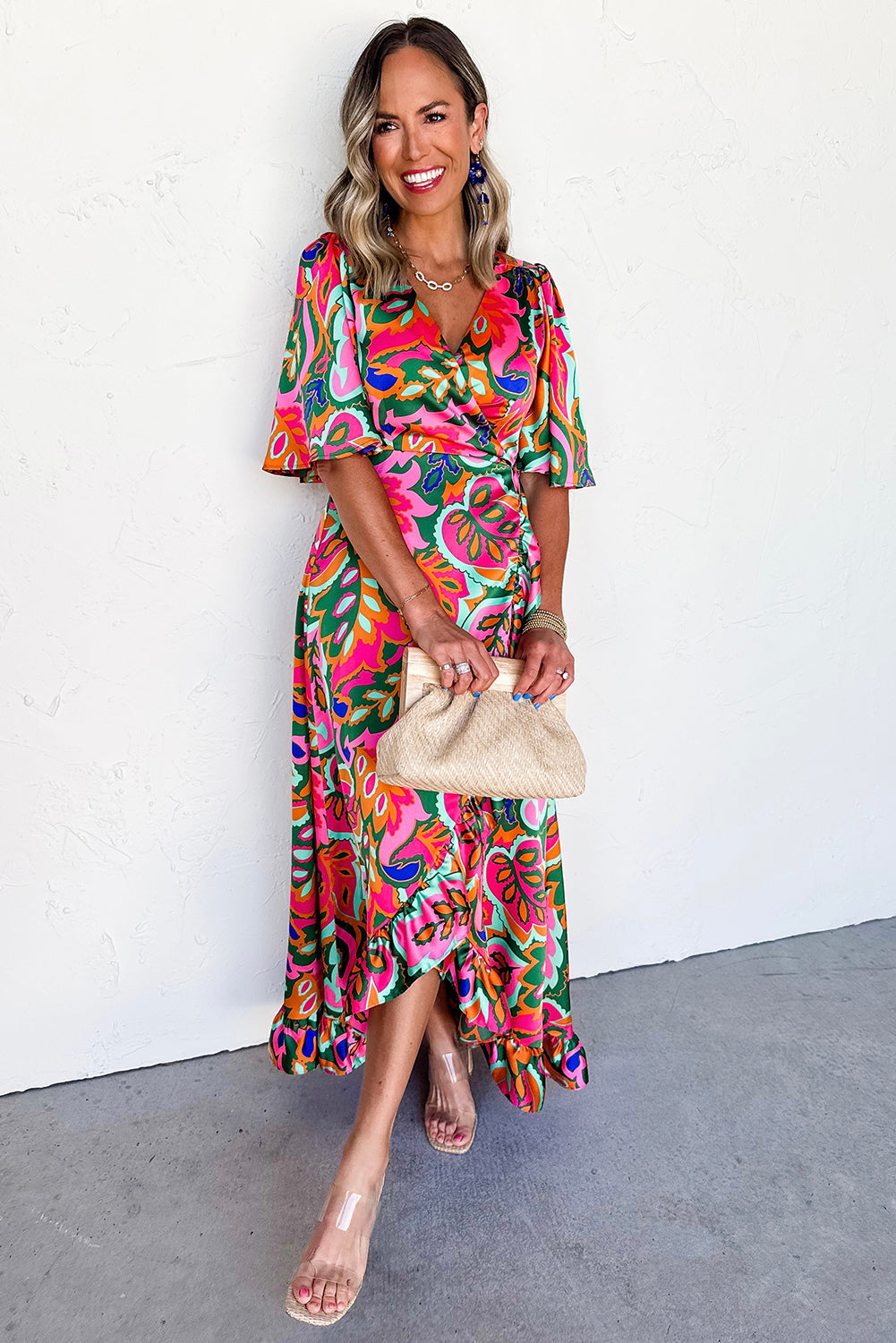 Rose Tropical Plant Print Surplice V Neck Ruffle Hem Maxi Dress - HieuLuxe