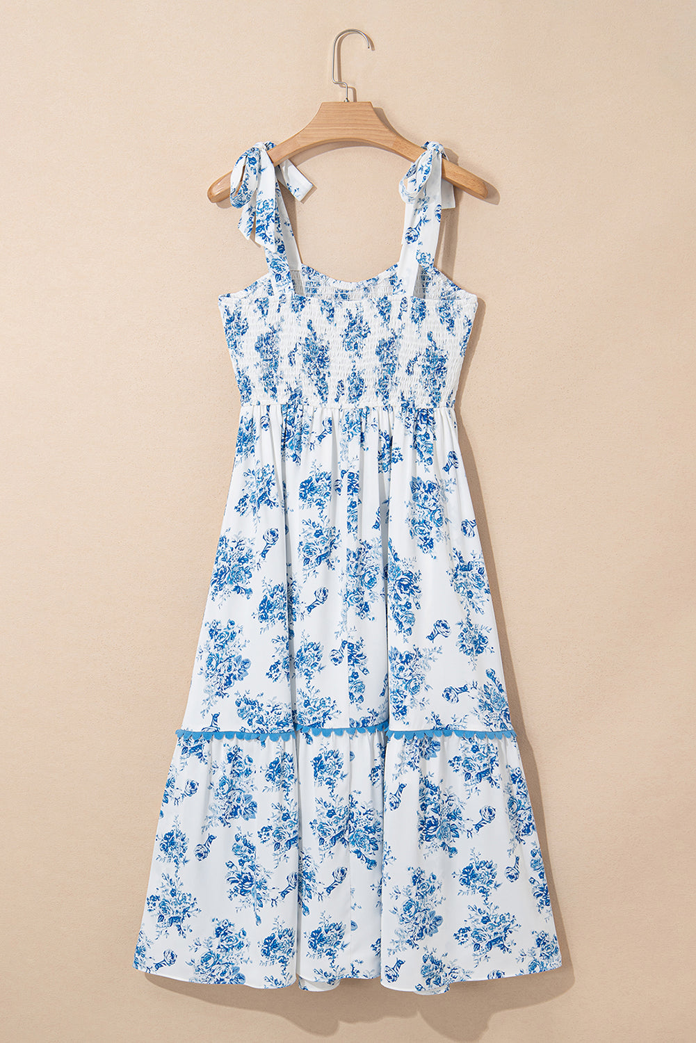Sky Blue Floral Print Smocked Knot Shoulder Sleeveless Midi Dress - HieuLuxe