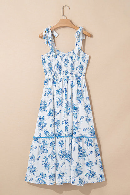 Sky Blue Floral Print Smocked Knot Shoulder Sleeveless Midi Dress - HieuLuxe