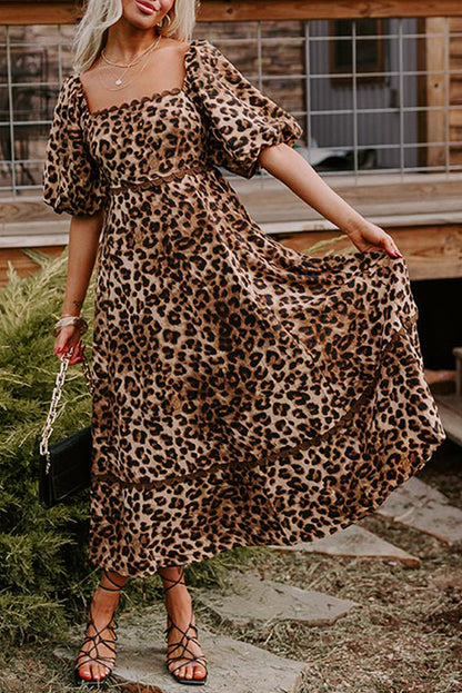 Brown Leopard Print Puff Sleeve Ricrac Maxi Dress - HieuLuxe