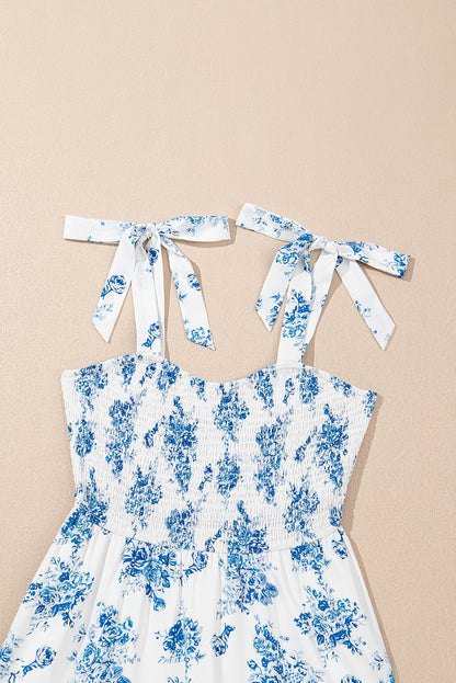 Sky Blue Floral Print Smocked Knot Shoulder Sleeveless Midi Dress - HieuLuxe