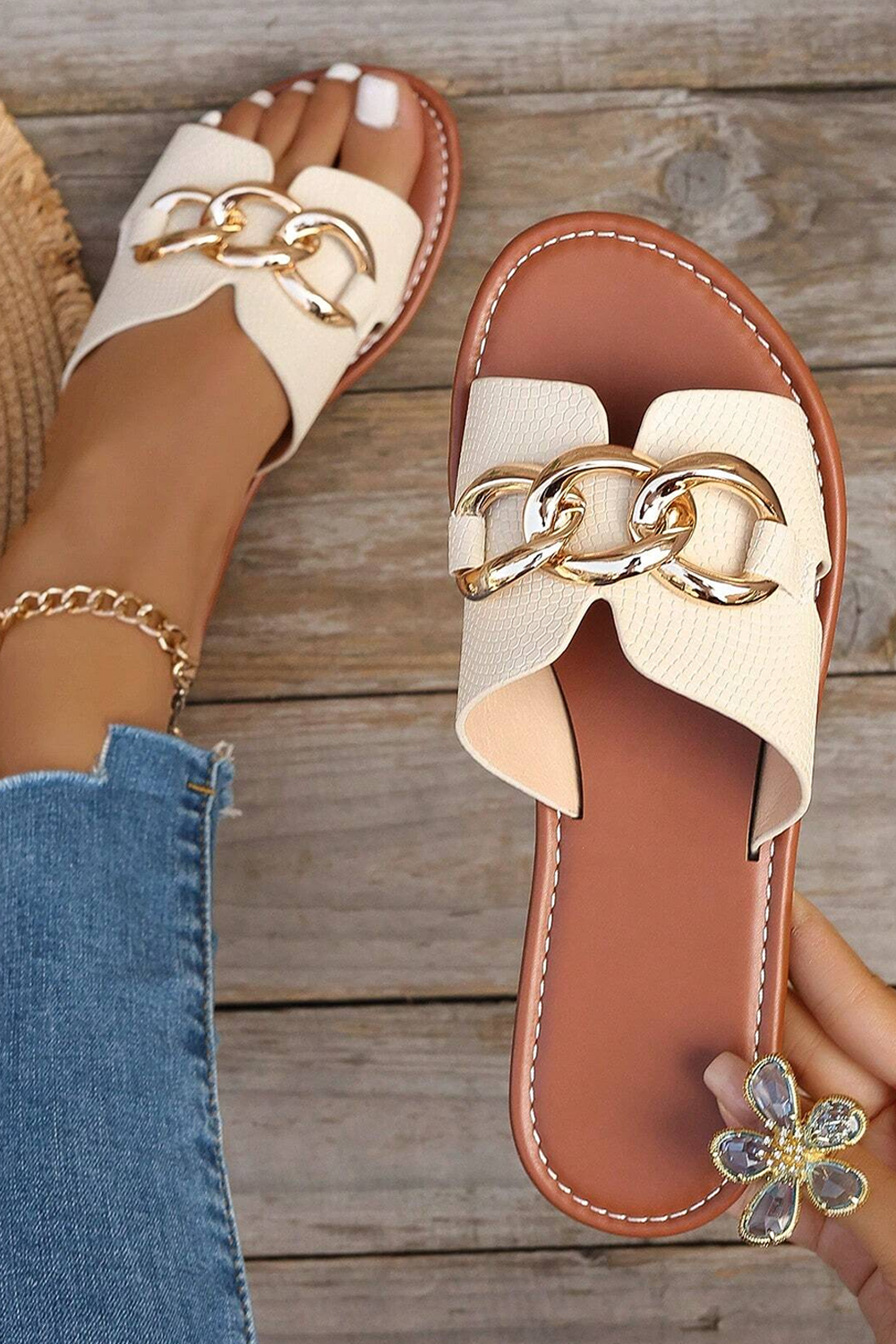 White Metal Buckle One Strap Flat Casual Slippers - HieuLuxe