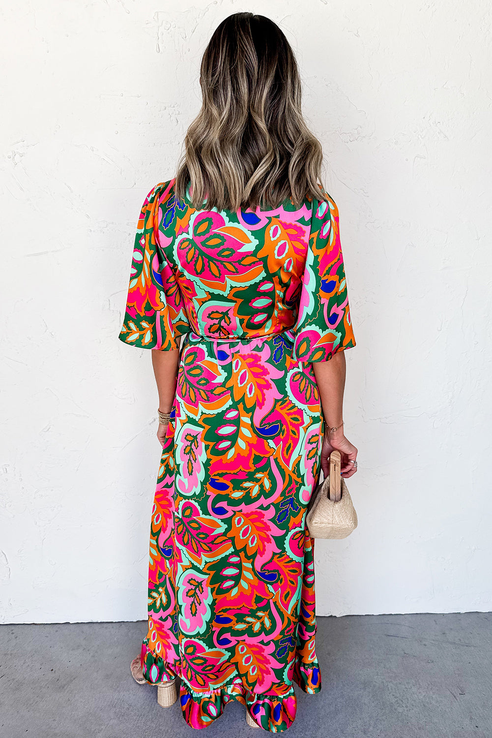 Rose Tropical Plant Print Surplice V Neck Ruffle Hem Maxi Dress - HieuLuxe