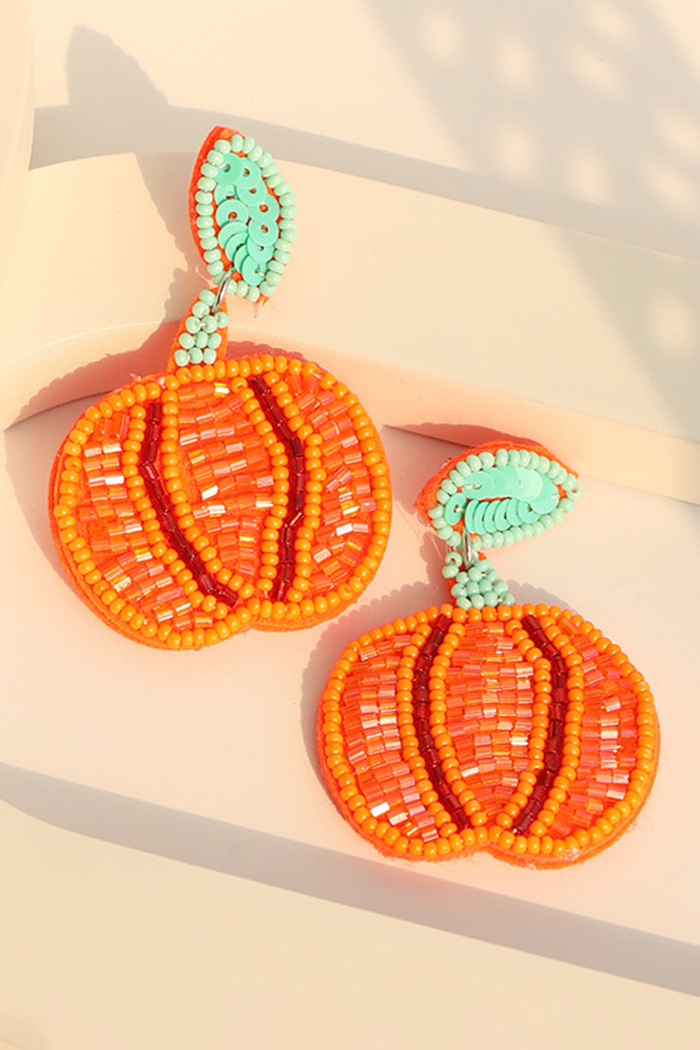 Orange Halloween Pumpkin Rice Beaded Drop Earrings - HieuLuxe