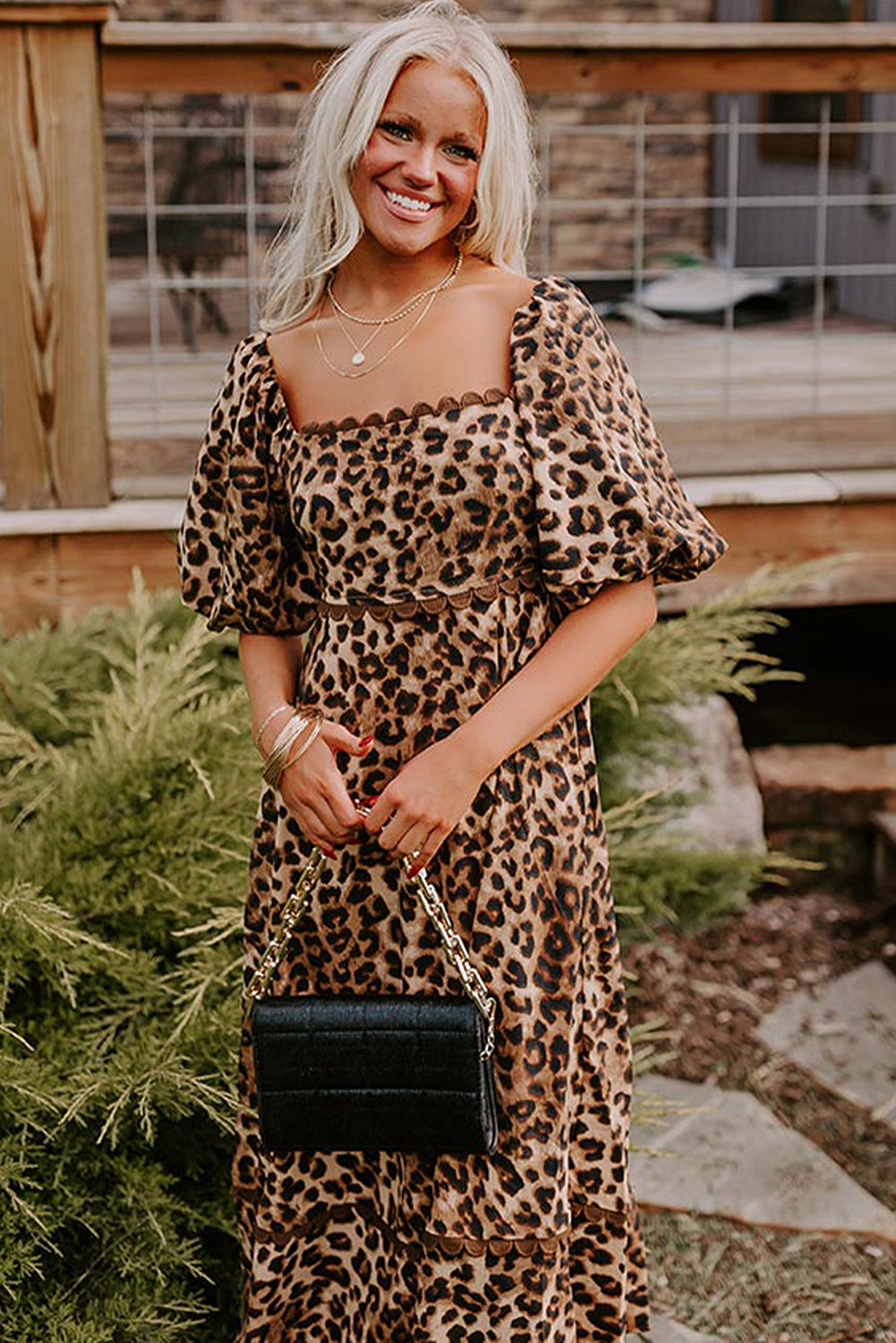 Brown Leopard Print Puff Sleeve Ricrac Maxi Dress - HieuLuxe