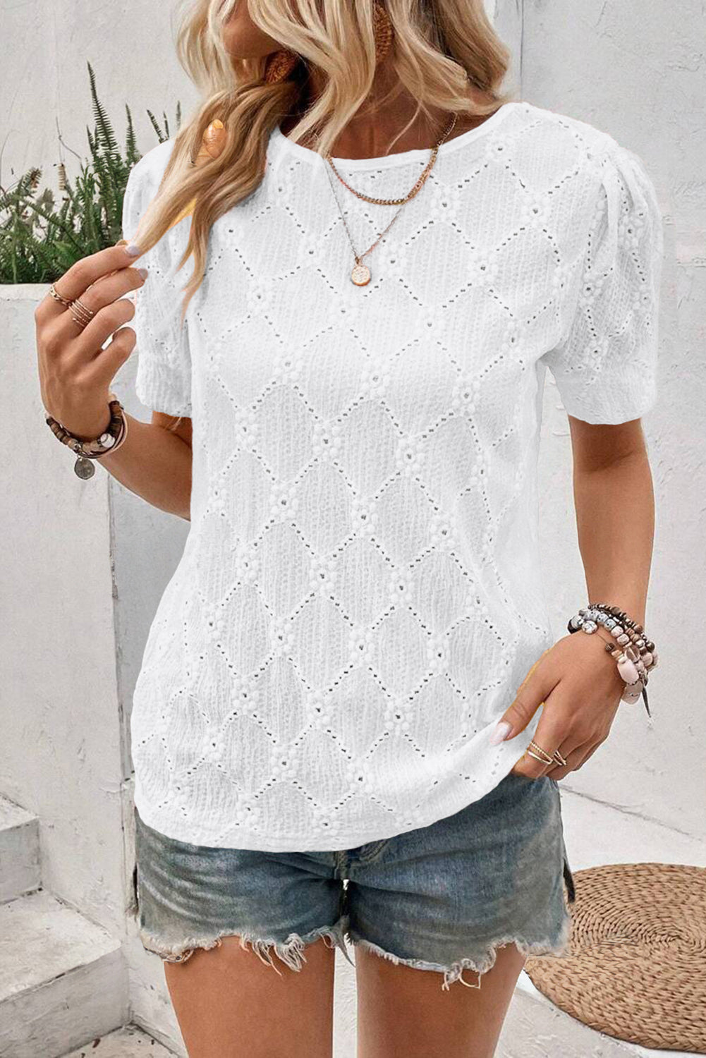 White Embroidered Floral Geometric Button Short Sleeve Top - HieuLuxe