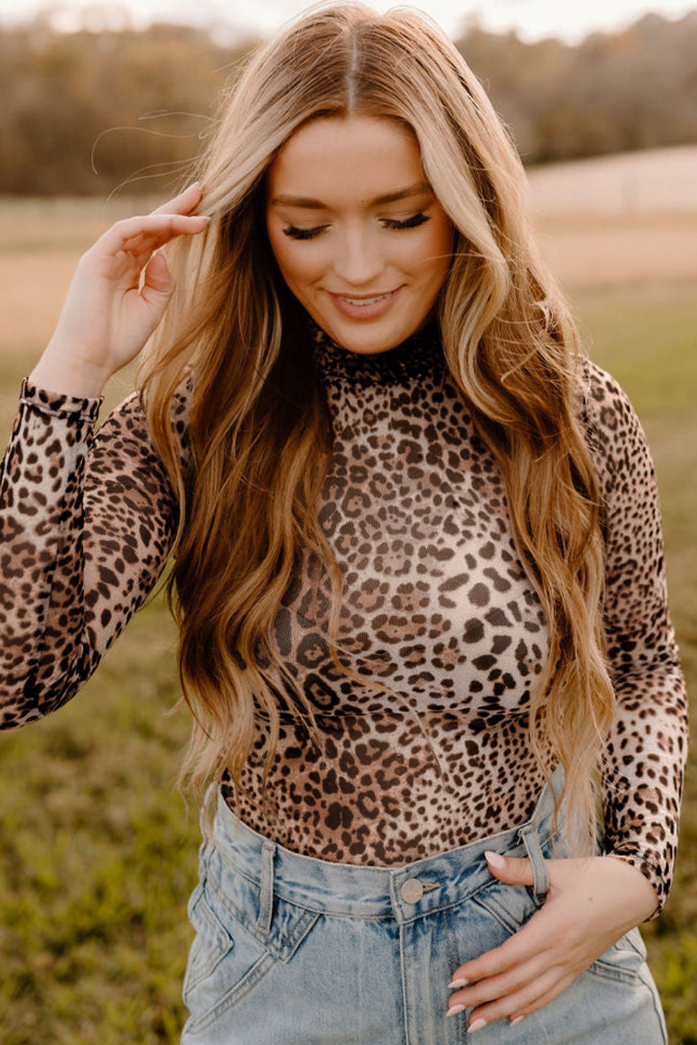 Brown Allover Leopard Print Smocked Neck Mesh Bodysuit - HieuLuxe