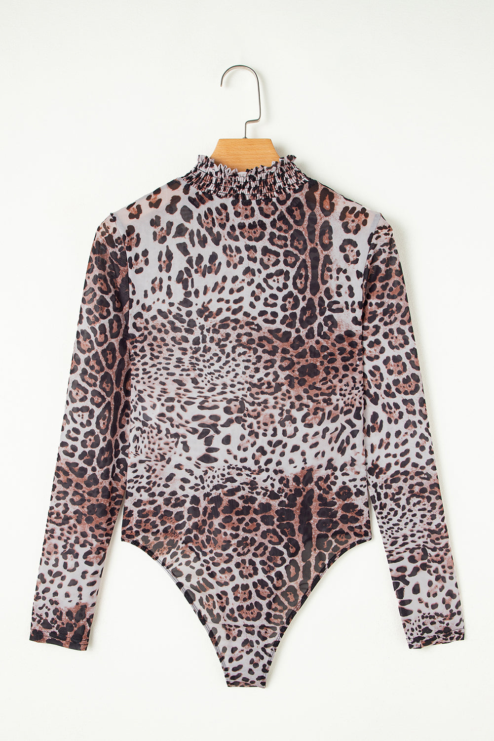 Brown Allover Leopard Print Smocked Neck Mesh Bodysuit - HieuLuxe