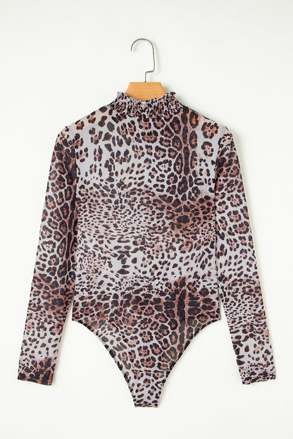 Brown Allover Leopard Print Smocked Neck Mesh Bodysuit - HieuLuxe