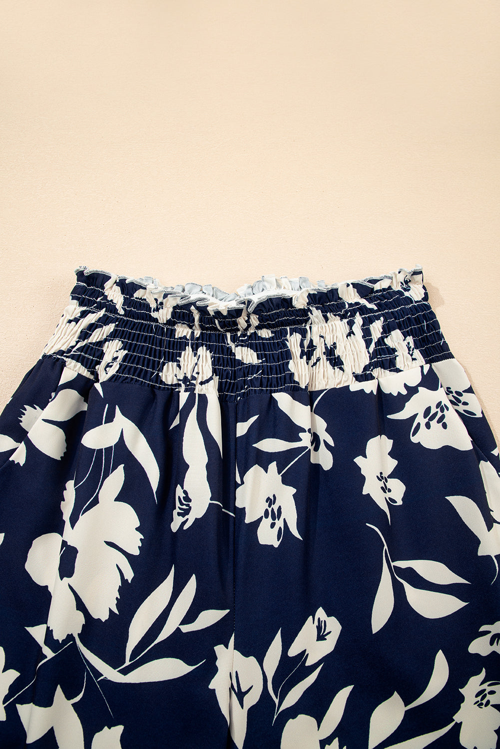 Blue Floral Smocked Frill Waist Wide Leg Pants - HieuLuxe