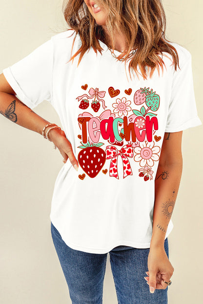 White Cute Strawberry Floral Teacher Graphic Custom Tee - HieuLuxe