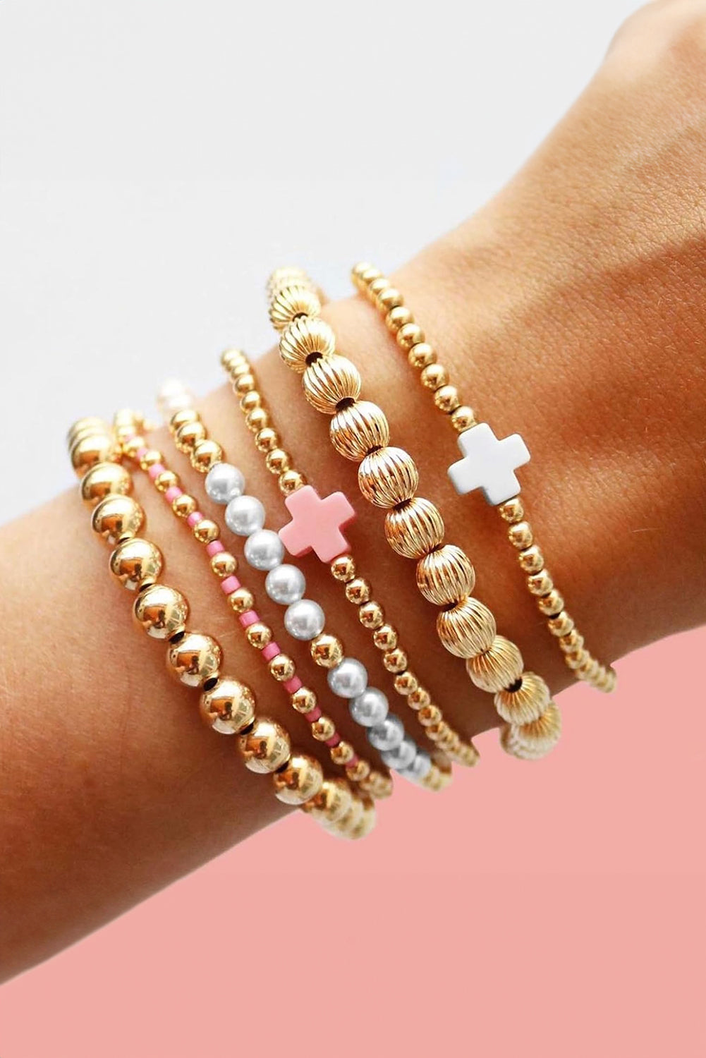 Gold Pearl Cross Beaded Stretch Bracelet Set - HieuLuxe